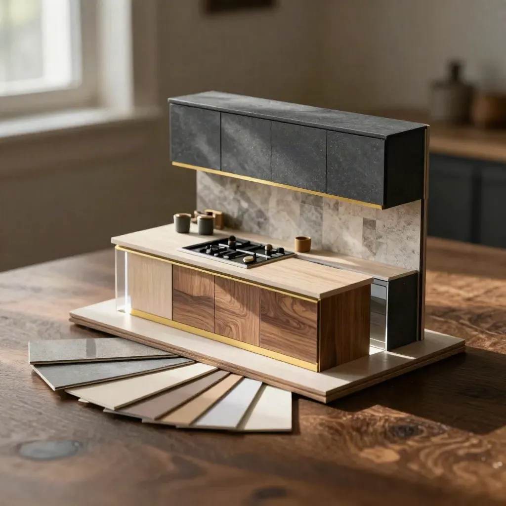 Mock-up 3D di cucina con campioni finiture e blocchi materici in studio.