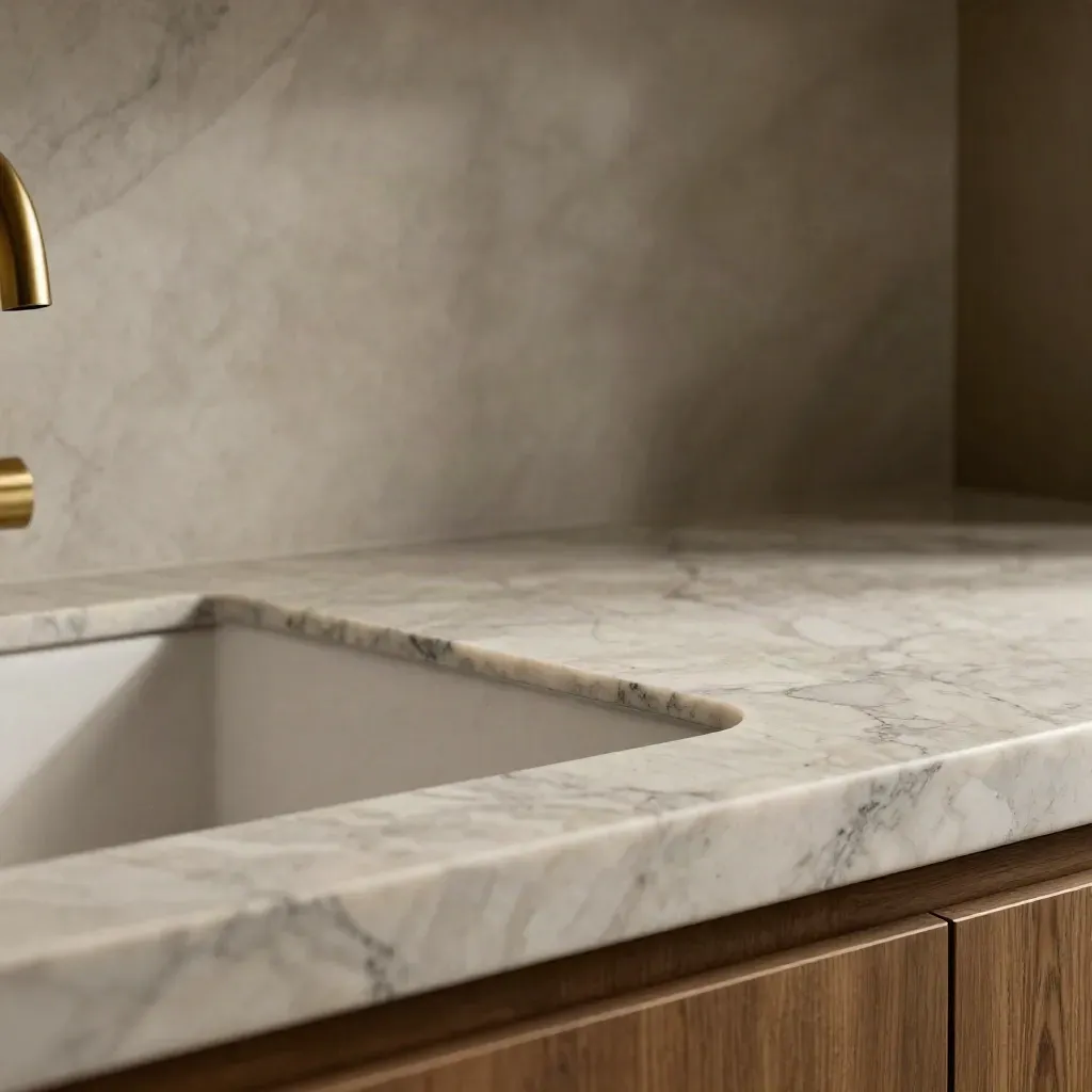 Top e schienale in marmo con venatura continua e rubinetto in ottone, luce radente