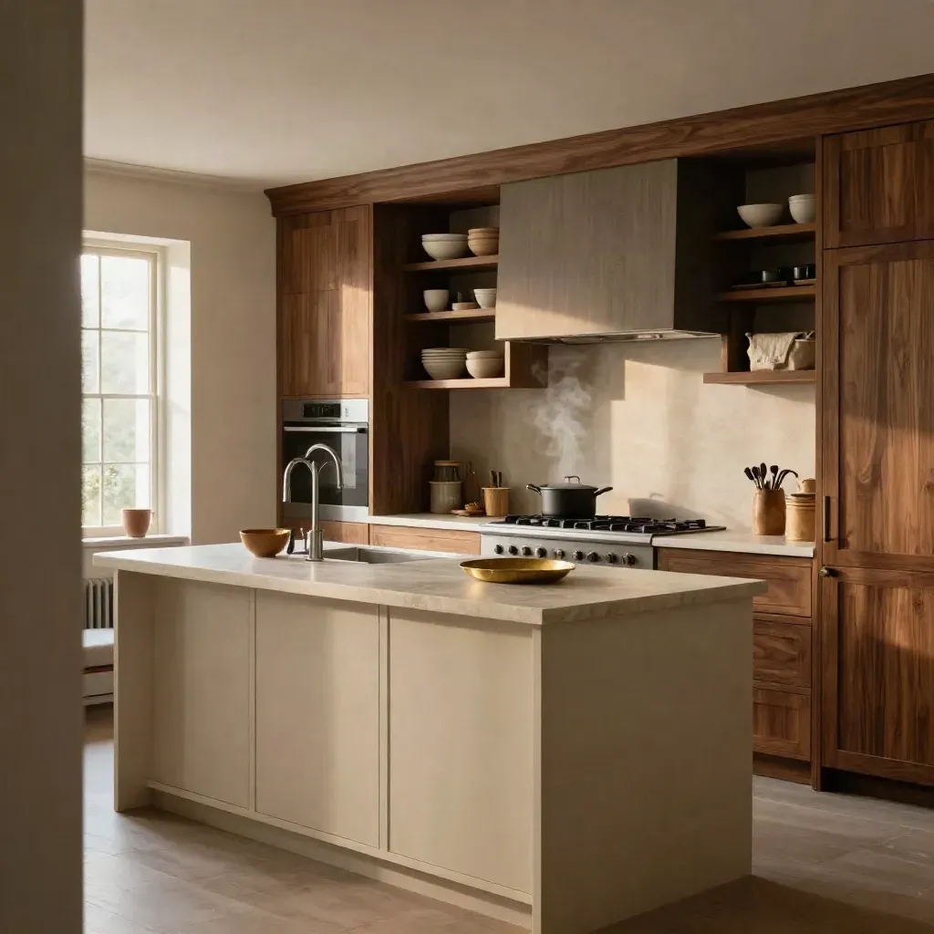 Cucina su misura con isola crema, basi in noce e vapore che sale alla luce del tramonto.