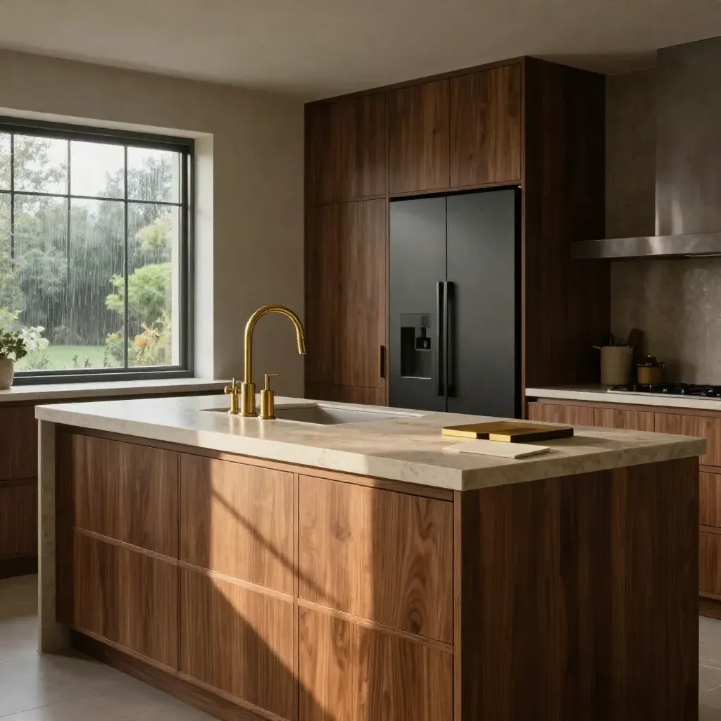 Cucina su misura in noce e crema con isola in pietra, luce calda e atmosfera elegante