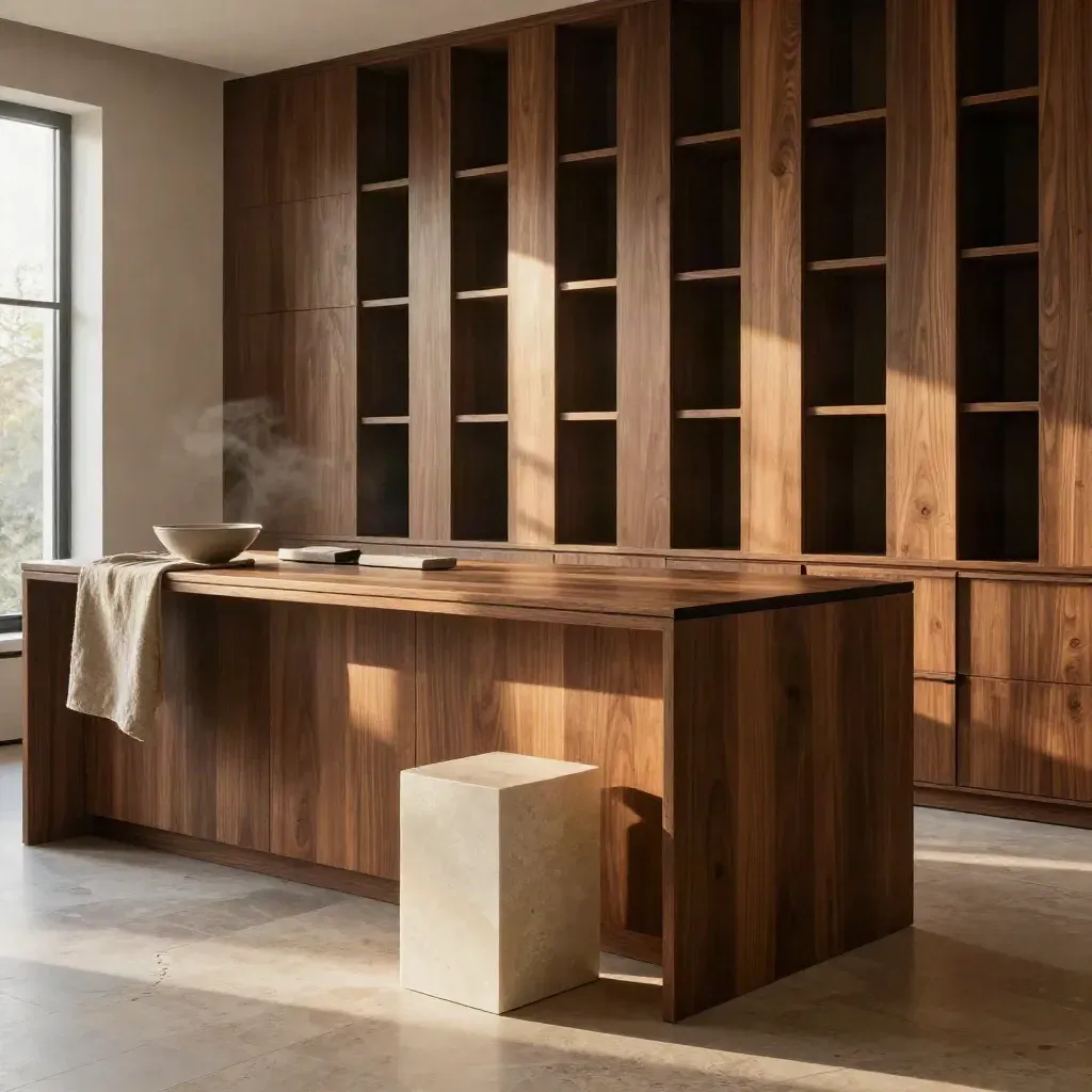 Cucina su misura con isola in rovere affumicato, colonna dispensa e sgabello in pietra.