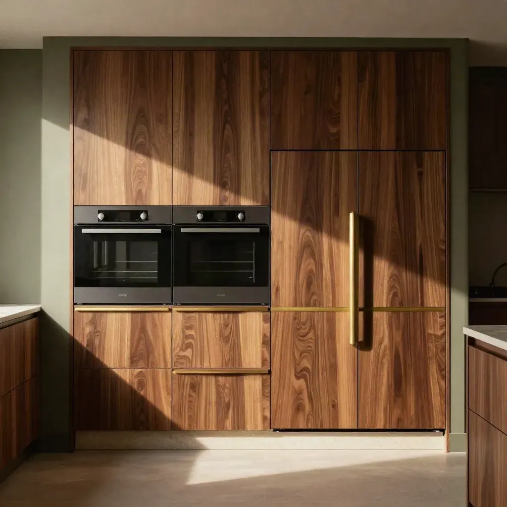 Cucina su misura con elettrodomestici integrati in frontali noce e dettagli in ottone.