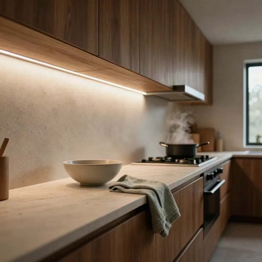 Cucina finita con luci LED nascoste e bagliori caldi sotto i pensili, con lieve vapore.