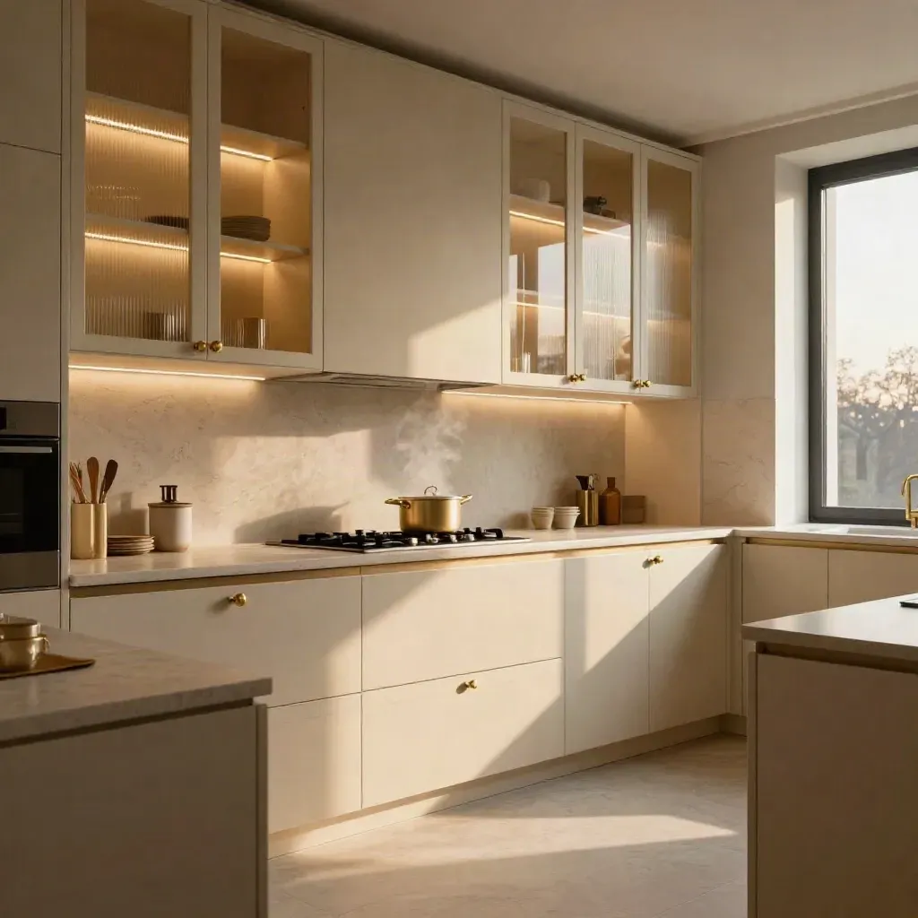 Cucina cream a Bergamo con LED caldi, ante in vetro e vapore lieve al crepuscolo.