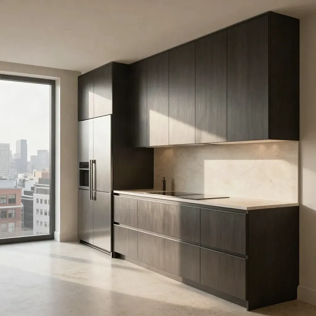 Cucina attico con colonne alte, frigo a colonna e top lungo in luce calda naturale.