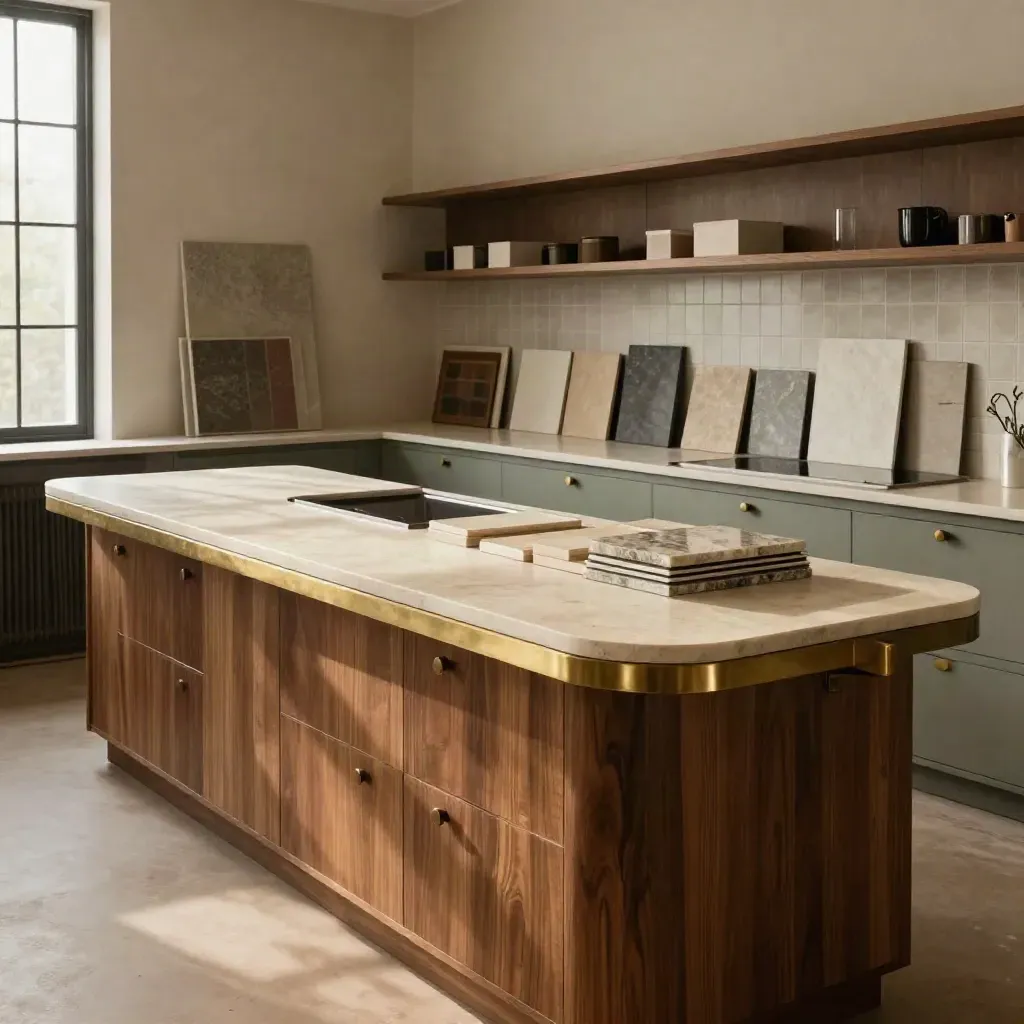 Nook cucina con isola, lastre materiali e campioni finiture in ordine, luce calda.
