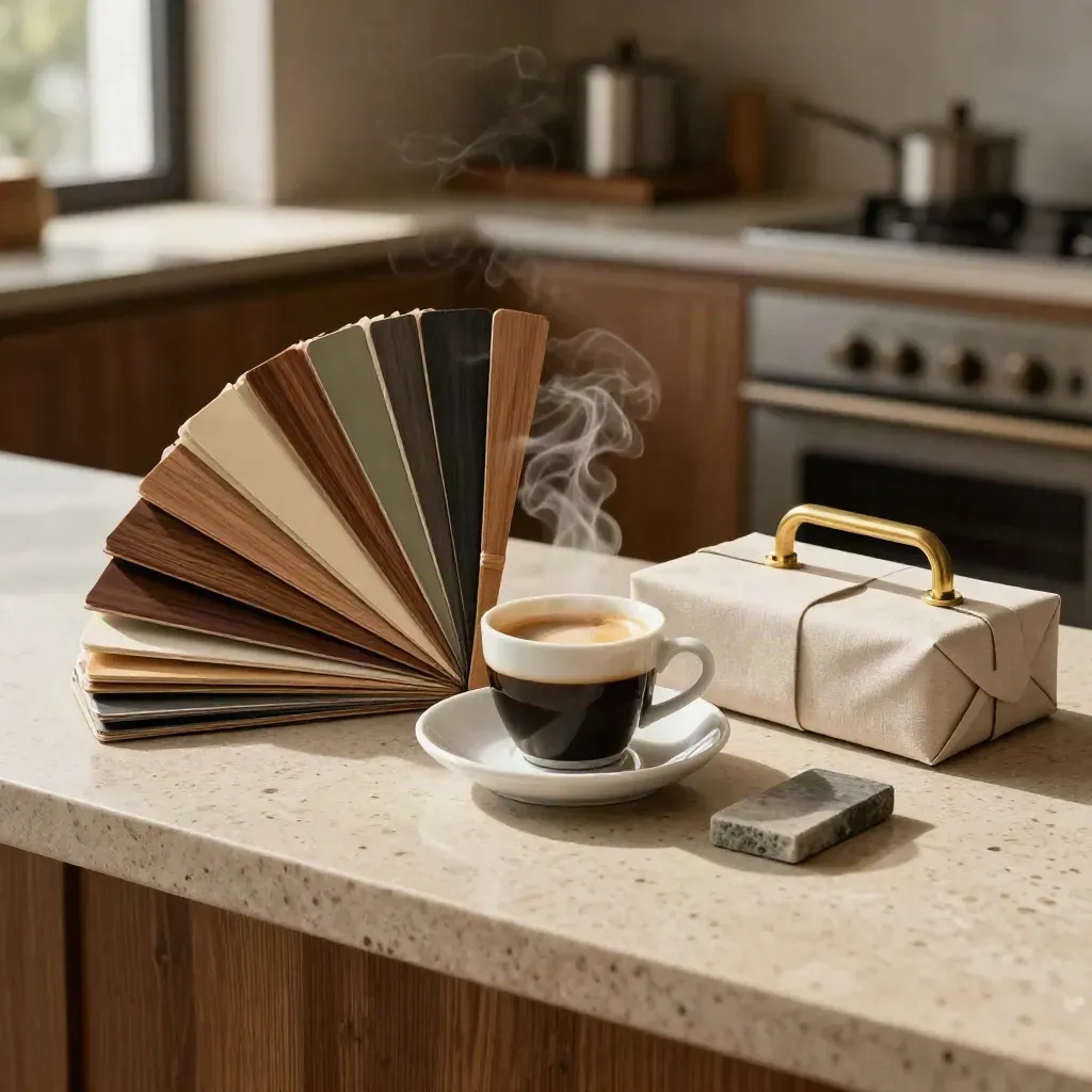 Tazzina di espresso con swatch finiture e box campionario in uno showroom cucina.