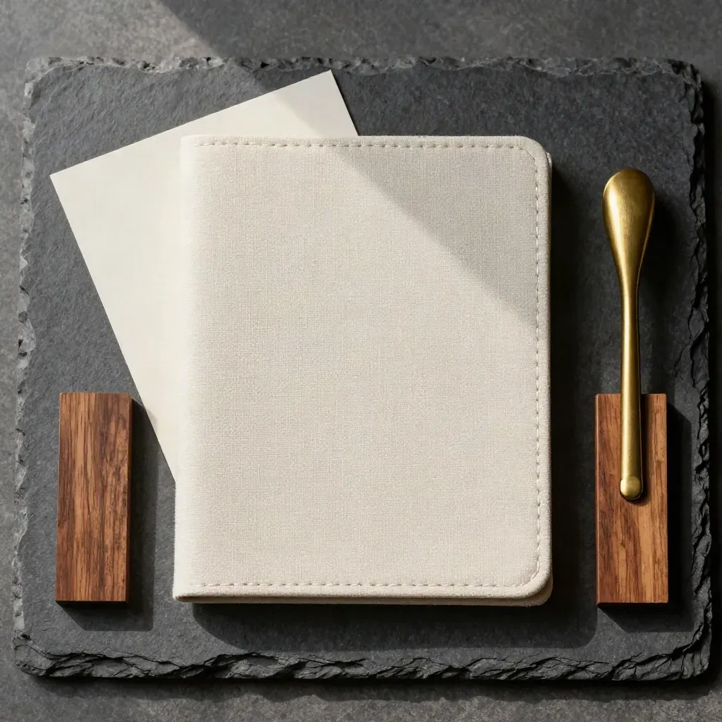 Folio in lino, campioni di impiallacciatura noce e maniglia in ottone su pietra scura.