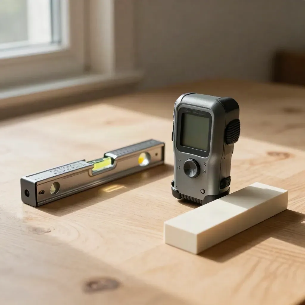 Telemetro laser, bolla e calibro d’angolo su legno chiaro con blocco di calibrazione.