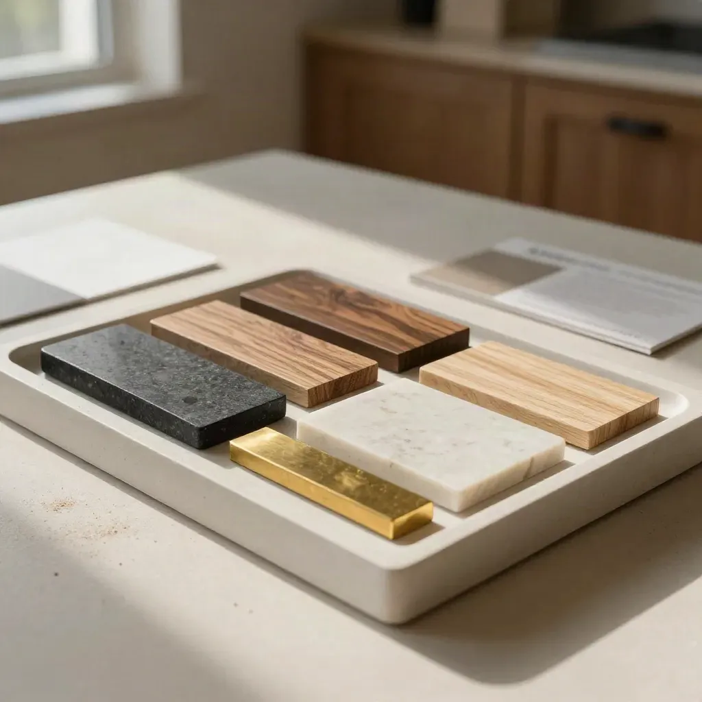 Campioni di pietra, legno e ottone in vassoio su plaster chiaro, luce soffice laterale.