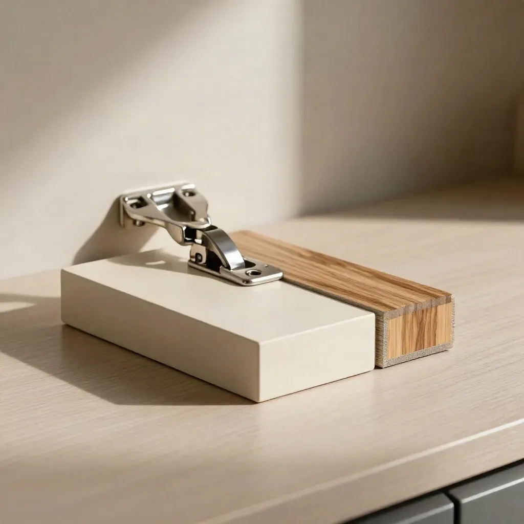 Campione di cerniera, bordo e angolo di giunzione su legno chiaro, luce morbida laterale.
