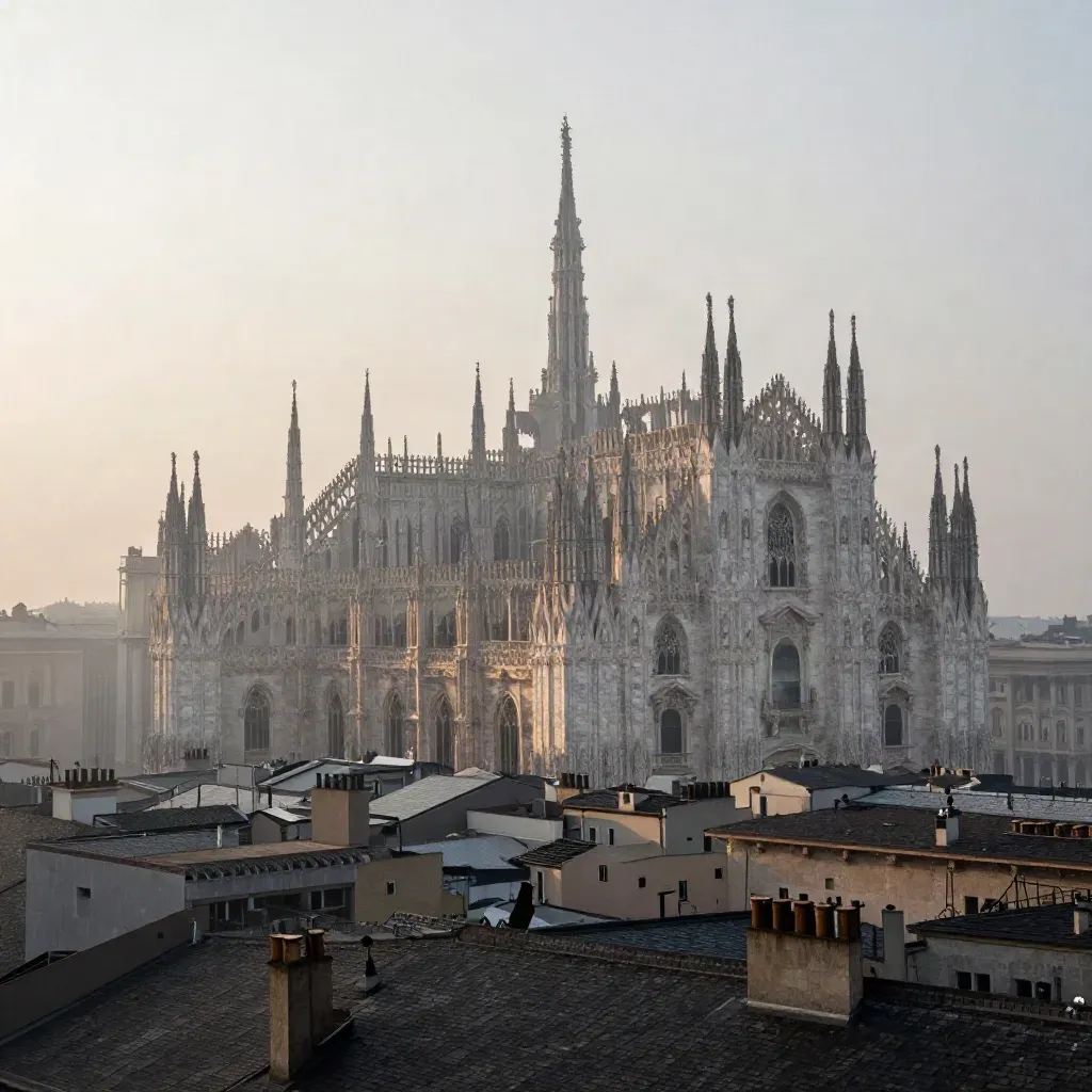 Le guglie del Duomo di Milano tra tetti in ardesia e nebbia all’alba.