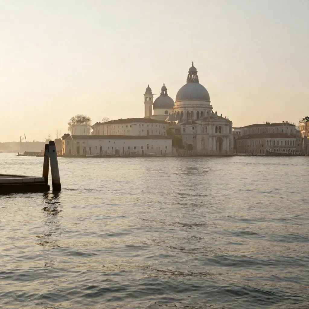 Laguna di Venezia al tramonto con cupole lontane e acqua ferma sotto una leggera foschia.