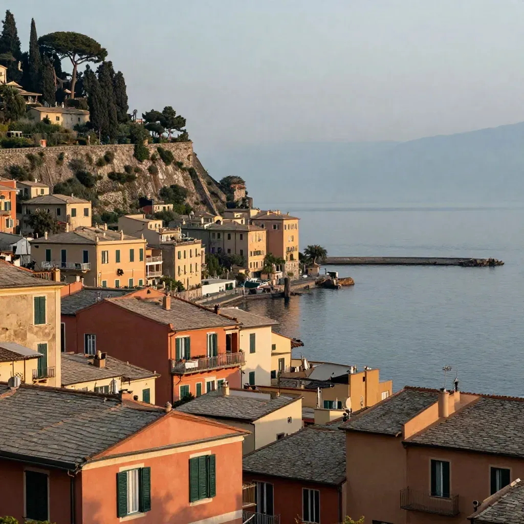 Facciate liguri al tramonto sopra acqua calma e foschia salmastra, vista panoramica di Genova.